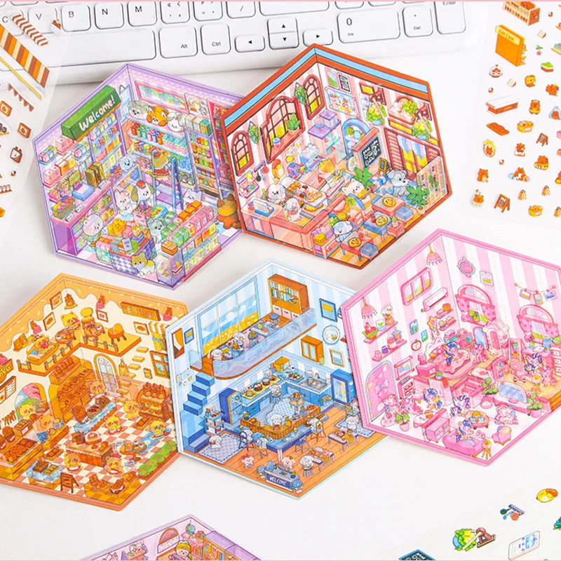 Engraçado 8 temas 3D adesivos fofos cenário de cabine de bolso de desenho animado, o grande festival ou presente de aniversário para crianças e estudantes