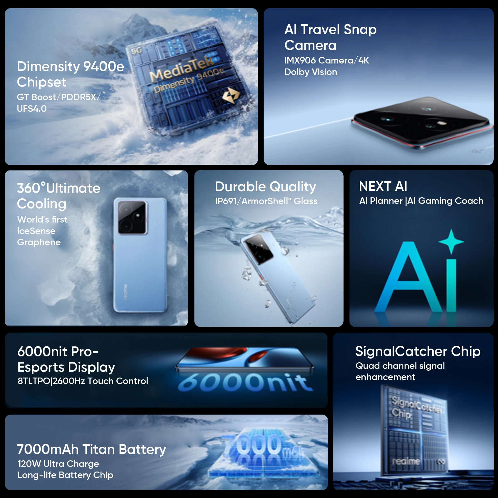 Wersja globalna realme GT 7 5G AI Smartphone MTK Dimensity 9400e 6000nits Pro-Esports Display 7000 mAh Battery 120W Ultra Charge