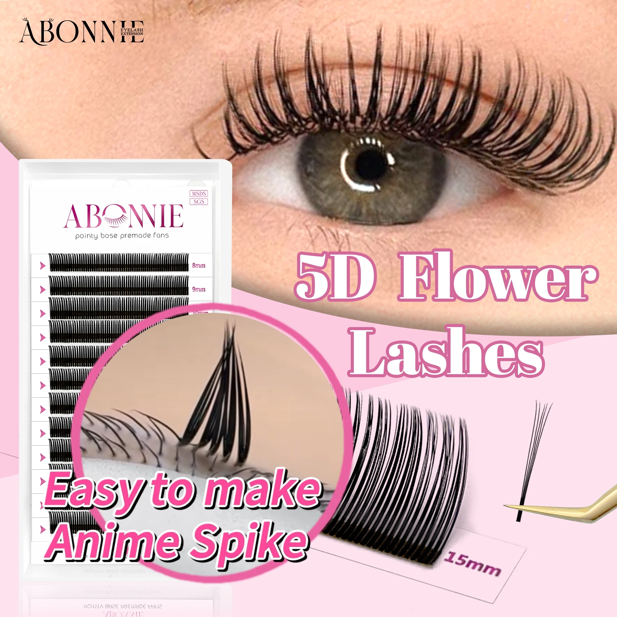 Abonnie-pestañas con púas 5D preadhesadas, pestañas de Anime, pestañas de flores 5D prefabricadas, extensiones de pestañas individuales, pestañas tenues prefabricadas