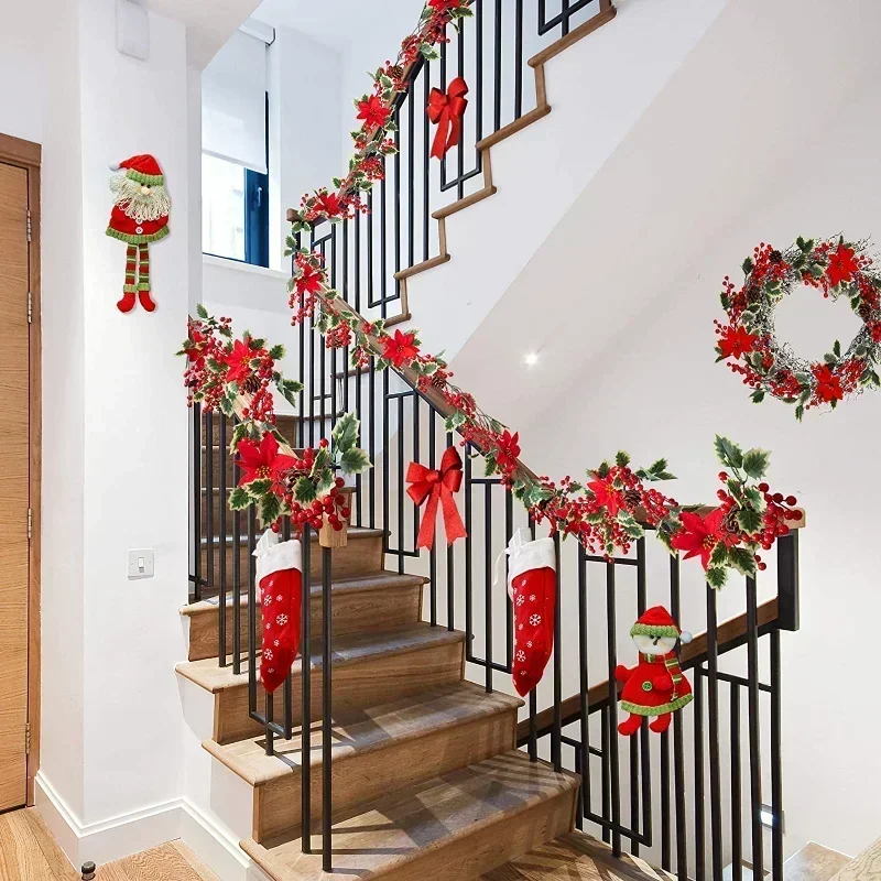2メートルのクリスマス花輪光人工赤ベリーホリー葉アイビーつる籐花輪クリスマスツリーのオーナメントホームデコレーション
