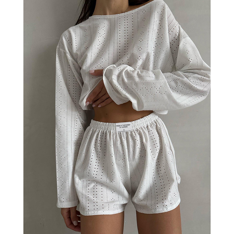 Conjunto de pijamas para mujer, Tops de manga larga con pantalones cortos, ropa de dormir, conjunto de 2 piezas, ropa holgada con cuello redondo para el hogar, pijama para mujer