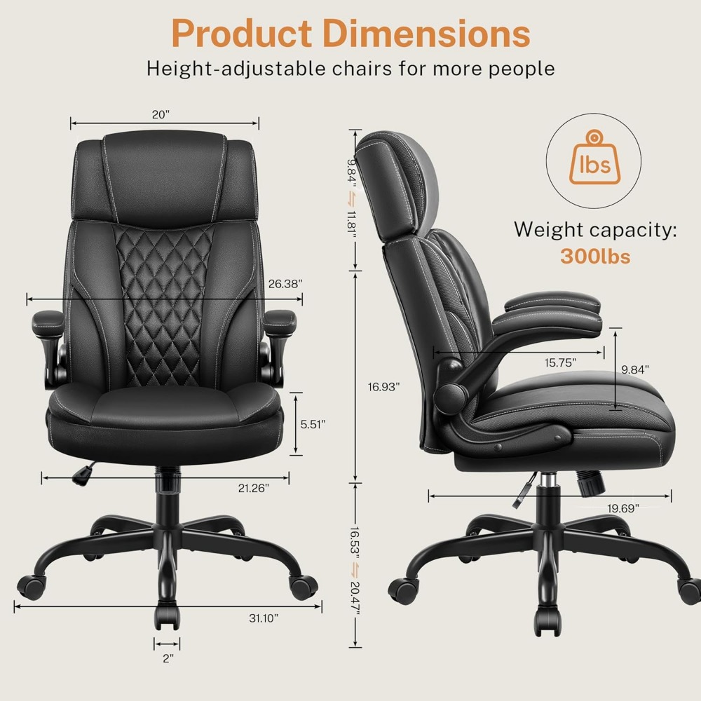 Office Chair Flip Up Arms, Executive Leather Office Chair Ergonomic Desk Chair with Lumbar Support, Adjustable Headrest, Compute