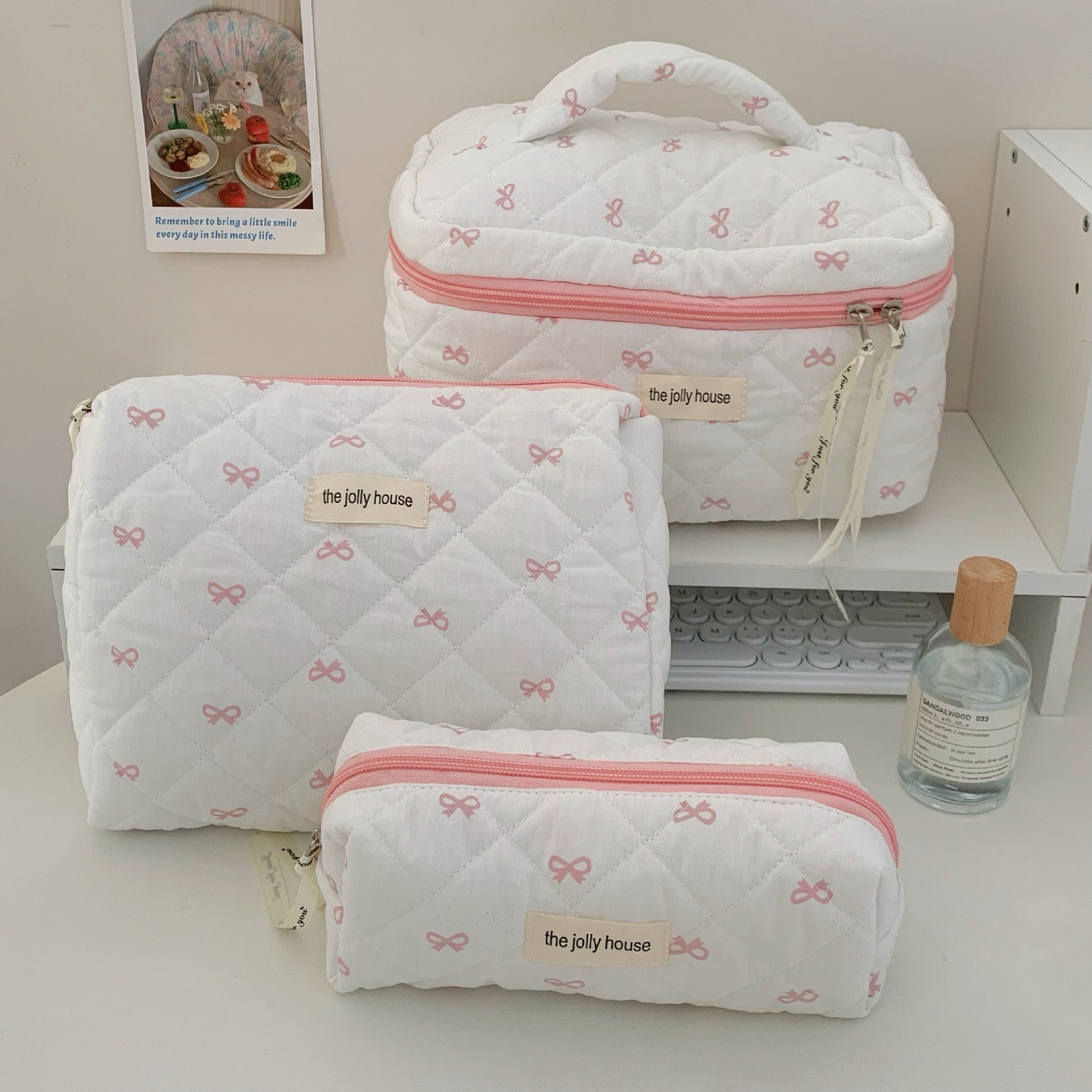 Mode Cherry Tote Dames Make-up Tas Draagbare Leuke Dames Cosmetische Toilettas Opbergtas Handtas Katoen Gewatteerde Rits Tas