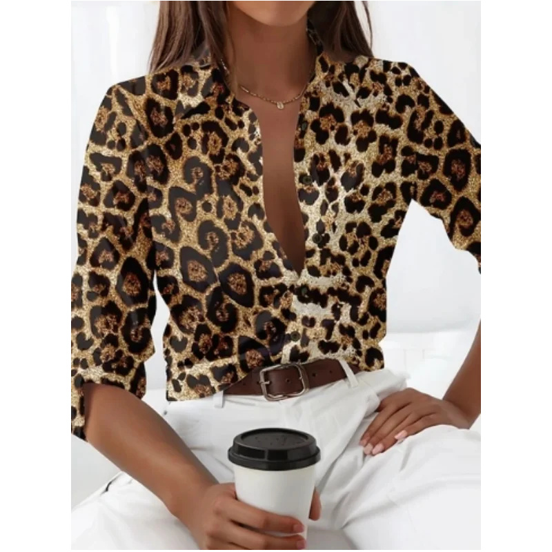 2024 novo padrão de impressão de leopardo camisa de manga longa para as mulheres solta camisa casual topo personalizado estilo tendência rua senhoras blusa