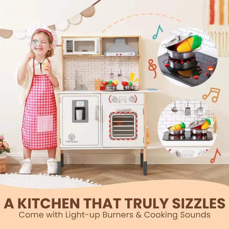 Play Kitchen for Kids, Wooden Kids Play Kitchen Playset Chef Pretend Play Set for Toddlers with Real Lights & Sounds