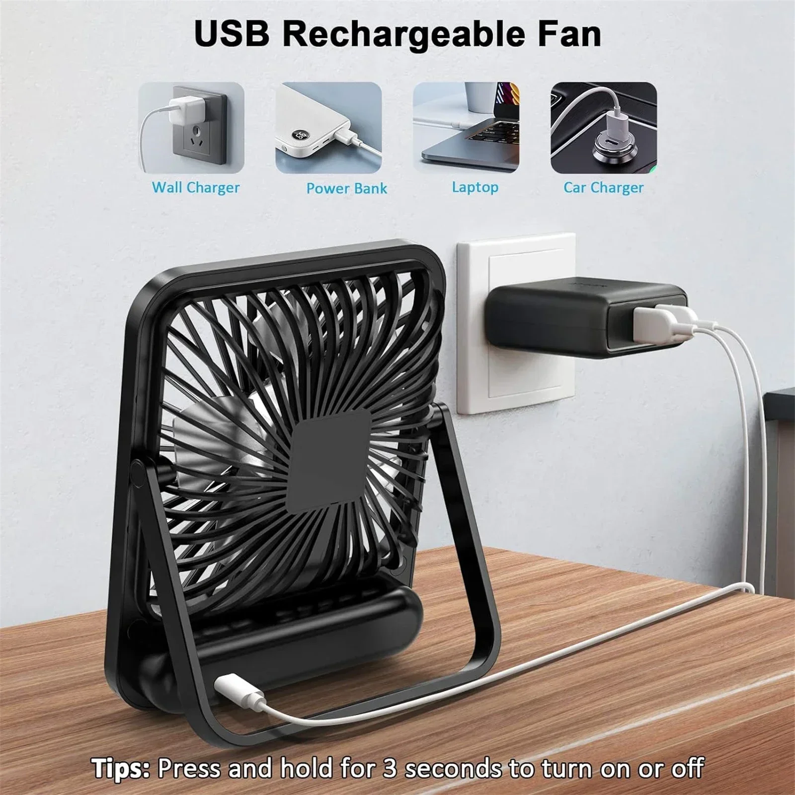 Ventilador de mesa recarregável USB portátil ultra silencioso com display de energia 180 °   Ventilador pessoal dobrável de 5 velocidades com inclinação