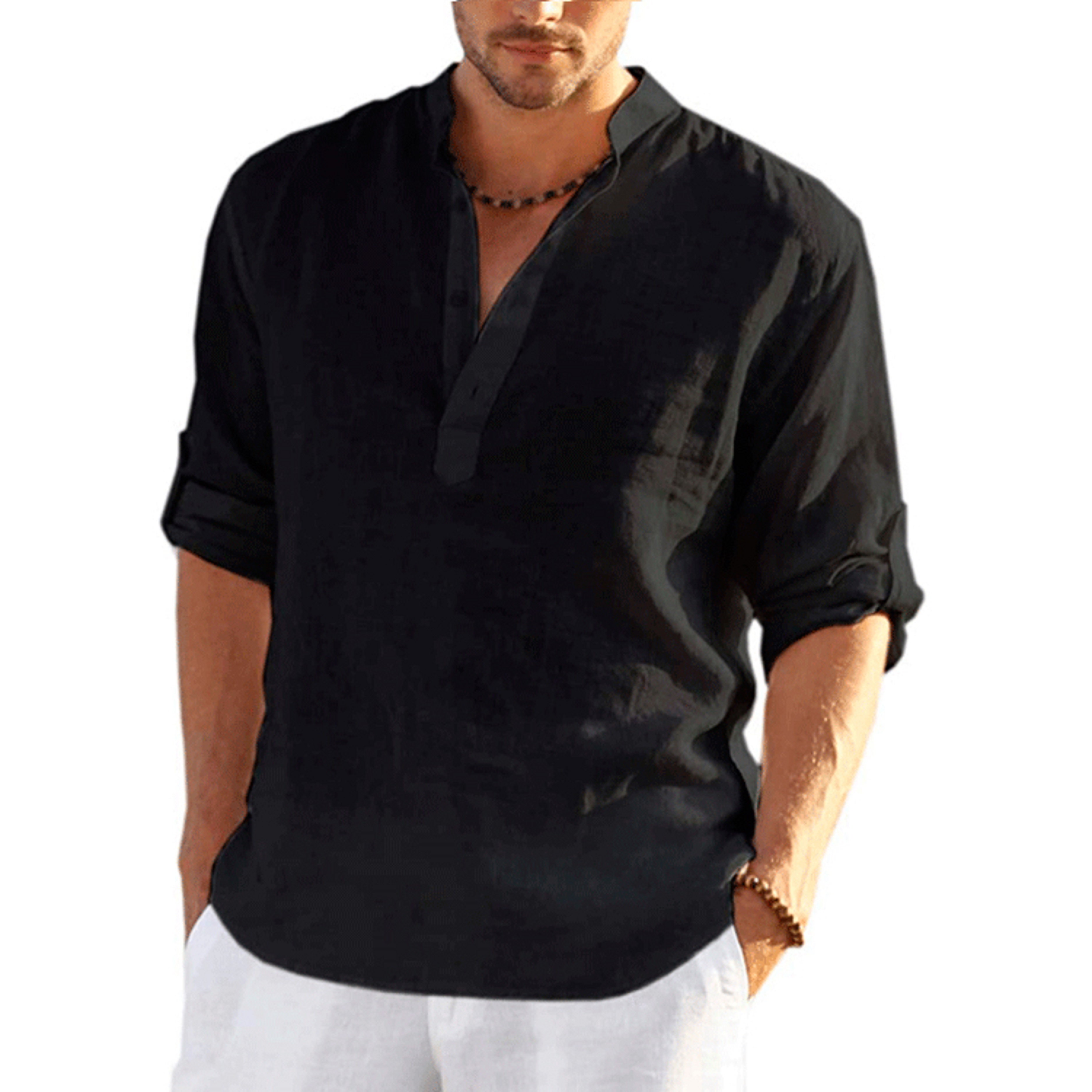 Camicie casual, camicie da uomo in cotone sciolto, magliette a maniche lunghe tinta unita con colletto rialzato alla moda, bellissimi top slim fit
