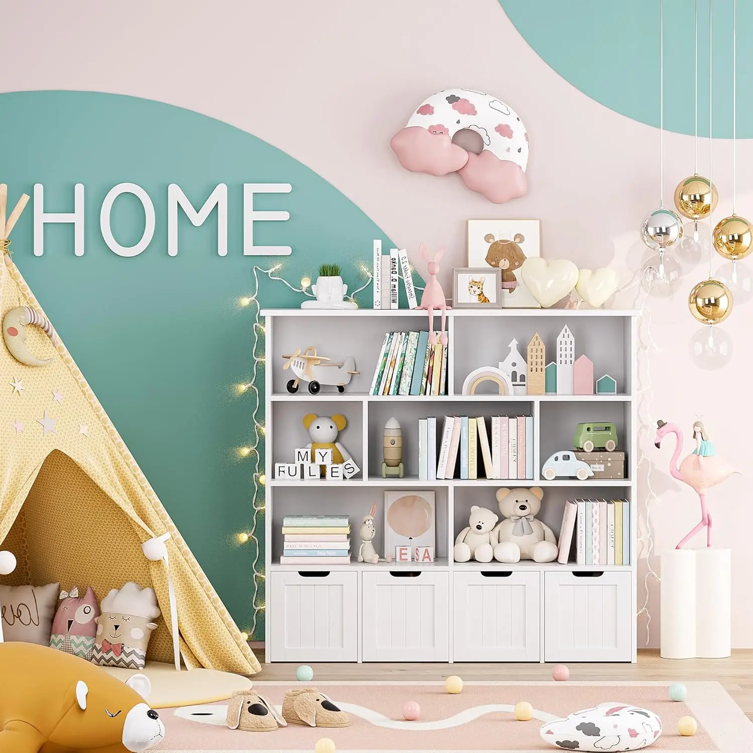 Toy Storage Organizer, Large Toy Organizers and Storage with 4 Movable Drawers and 7 Storage Cubbies, Toy Chest Shelf