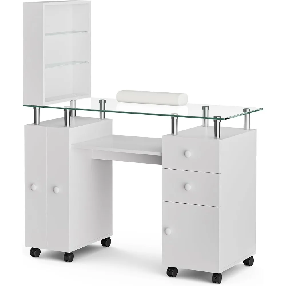 Manicure Table Nail Desk, Glass Top Nail Table Station Acetone Resistant w/Storage Drawers & Open Shelves, Nail tables