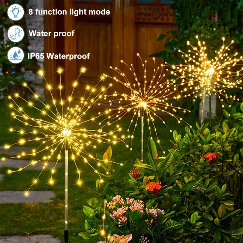 ไฟพลังงานแสงอาทิตย์รูปดอกไม้ไฟ 200 LED รุ่นใหม่ สำหรับภายนอกอาคาร กันน้ำ ไฟสวนพลังงานแสงอาทิตย์ 8 โหมดแสง พร้อมรีโมทคอนโทรล ไฟตกแต่ง