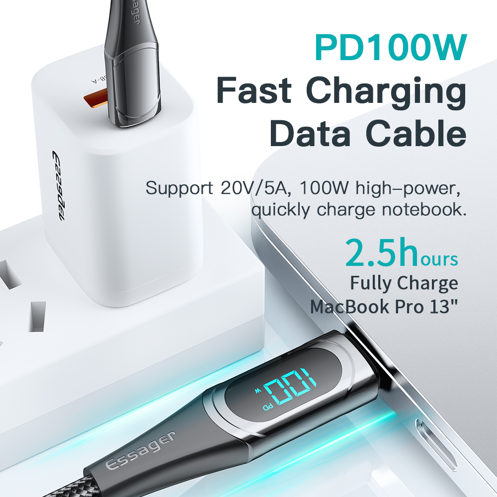 Essager-Cable USB tipo C a USB C, cargador de carga rápida, 100W/5A, PD, para Macbook, Xiaomi, Samsung, tipo C, 2M