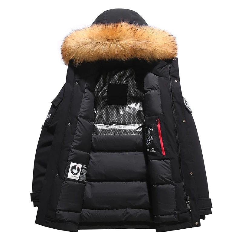 Zwart Donsjack 2024 Winter Gevoerd Wit Eendendons Bontkraag Met Capuchon En Casual Mode Dik Warm Geborduurd Design Parka