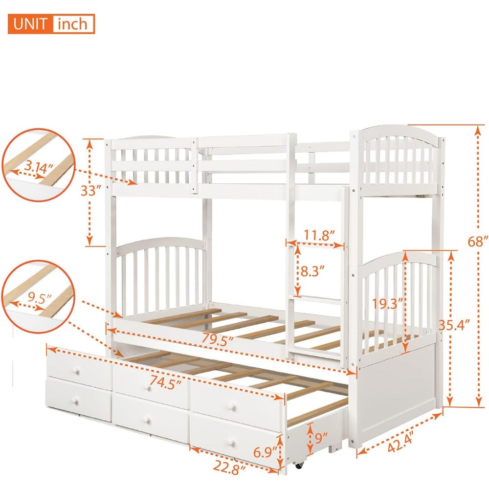 Twin Over Twin Bunk Bed with Twin Trundle, 3 Storage Drawers, Safety Rail, and Removable Ladder, Can be Separated into 3 Bed