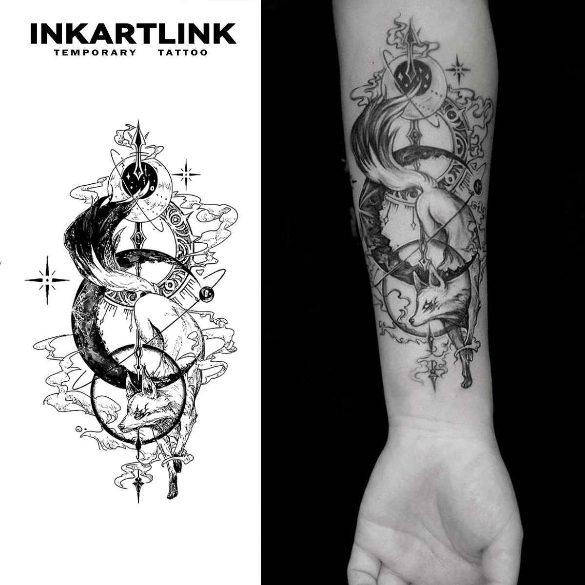 Temporärer Tattoo-Aufkleber „Fox Fairy“, wasserfestes magisches Tattoo, hält bis 15 Tage lang, Fake-Tattoo, semi-permanentes Tattoo