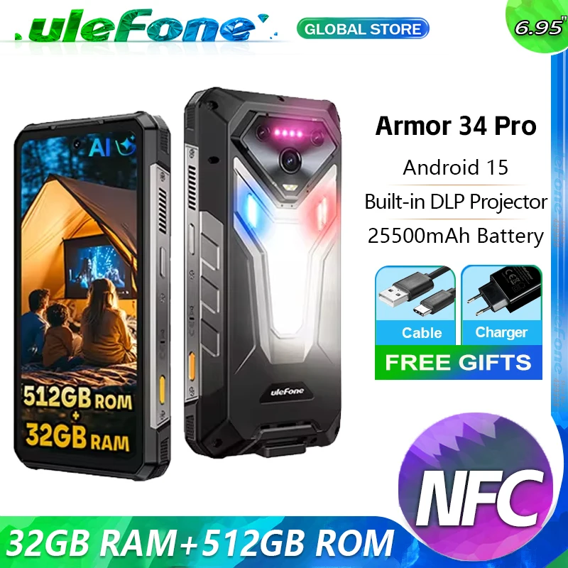 【World Premiere】Ulefone Armor 34 Pro 5G AI Rugged Phone 25500mAh Up to 32GB+512GB Built-in Projector 120Hz 6.95" NFC Smartphone