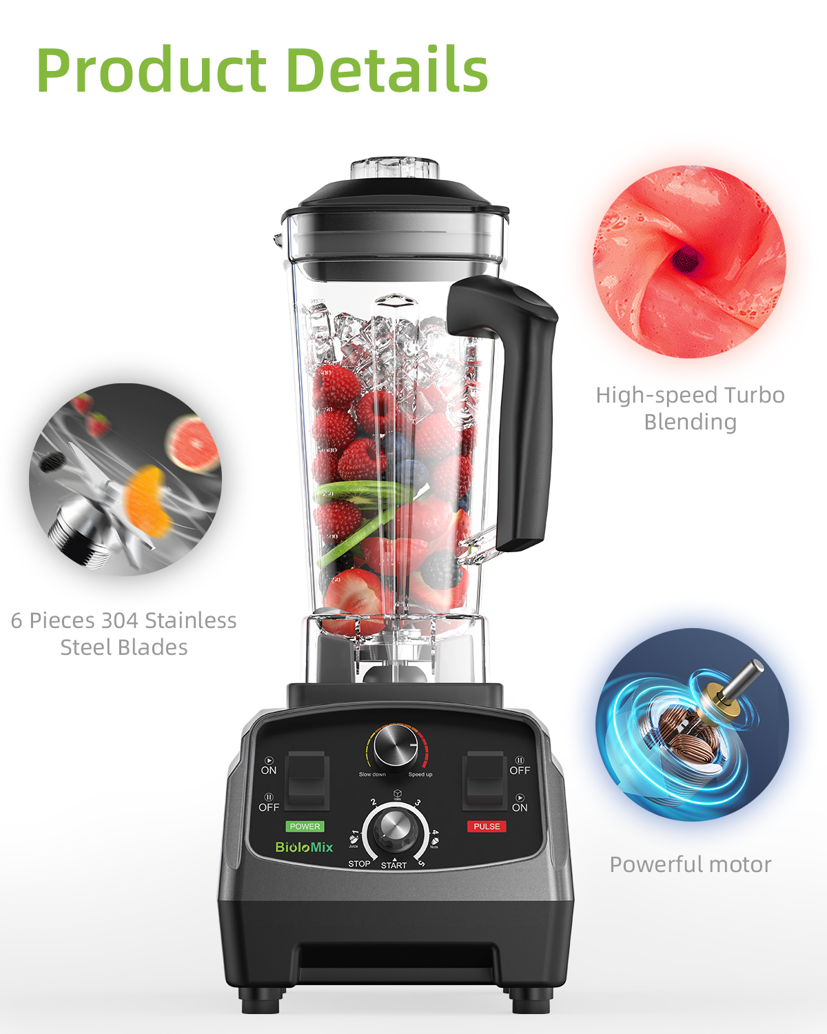 BioloMix 3HP 2200W сверхмощный таймер, блендер, миксер, соковыжималка, кухонный комбайн для фруктов, ледяные смузи, не содержит BPA, банка 2 л