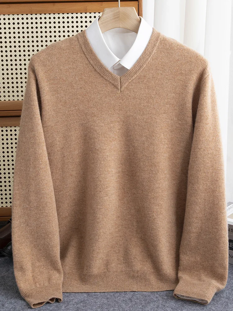 ผู้ชาย 100% Merino ขนสัตว์เสื้อกันหนาว V คอฤดูใบไม้ร่วงฤดูหนาวแคชเมียร์อบอุ่นเสื้อถักเสื้อผ้าธุรกิจ Bottoming Soft Tops