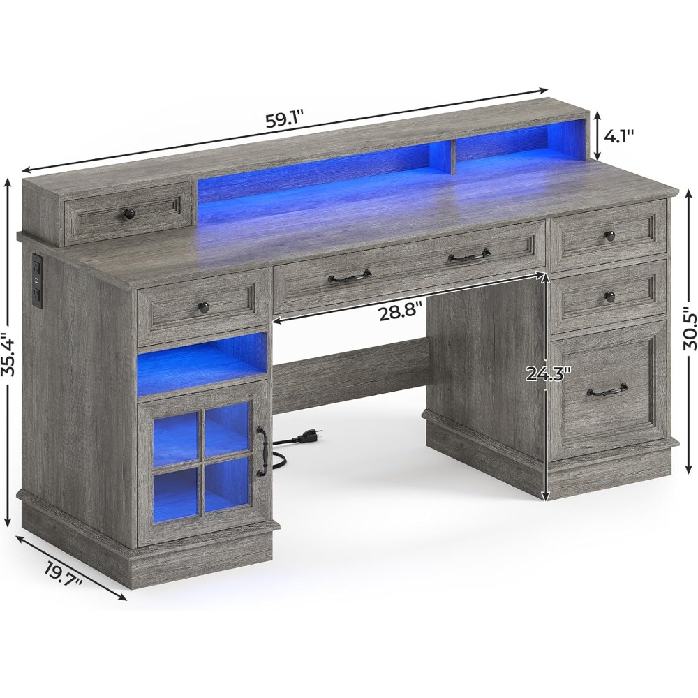 Farmhouse Executive Desk with File Drawer, Computer Desk with Charging Station & LED Lights, Home Office Desk with Drawers & Sto