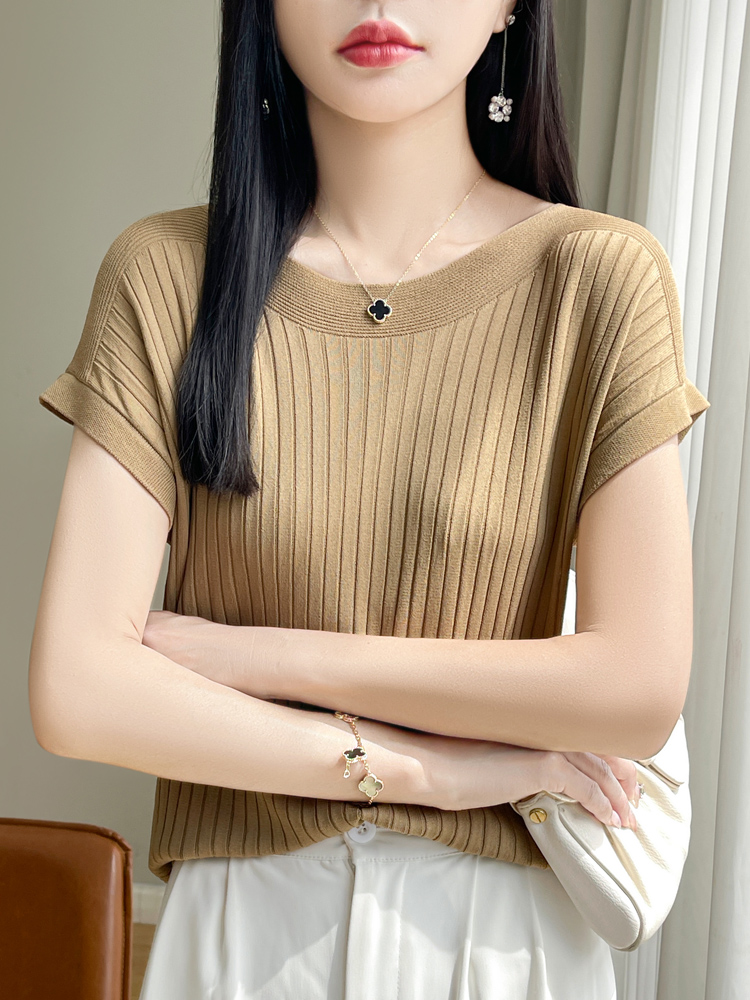 2025 mode Slash Neck Frauen Pullover Eis Seide Frühling Sommer Gestrickte Pullover Lose Beiläufige Koreanische Shirts Kurzarm Strickwaren