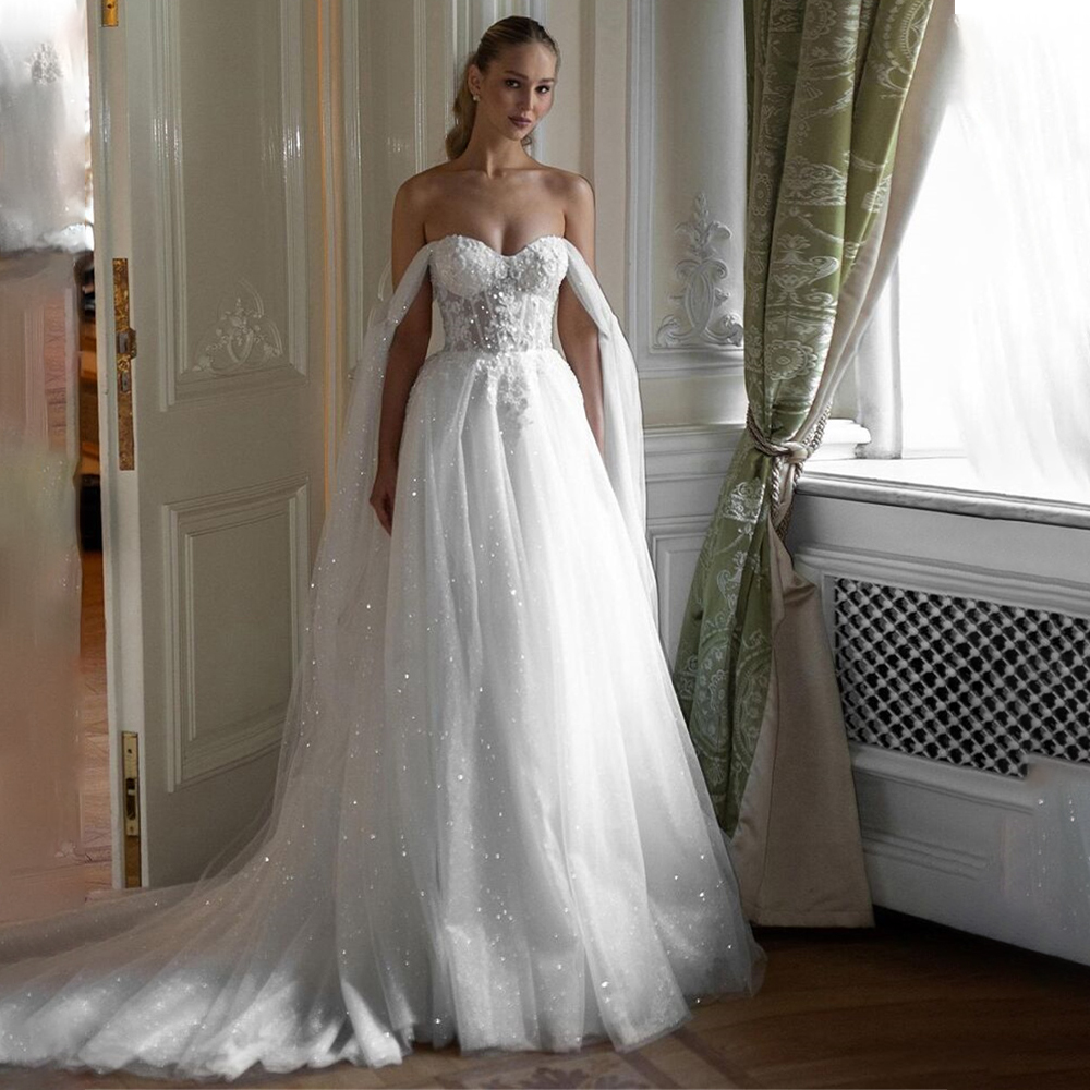 Encantador dos correas cariño Apliques de encaje brillante nupcial crecido una línea vestidos de novia por encargo tren de barrido 2026 Vestido