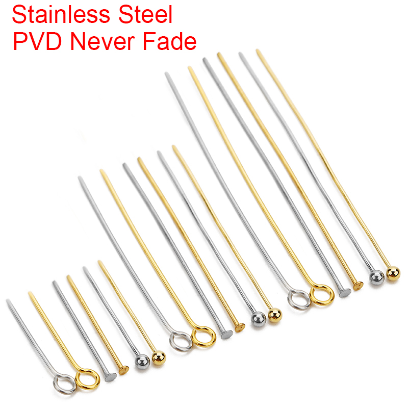 30 100 шт. никогда не выцветают иглы с плоской головкой из нержавеющей стали с PVD-покрытием, шпильки оптом 20 мм, 30 мм, 40 мм, круглые шпильки с глазком для изготовления ювелирных изделий