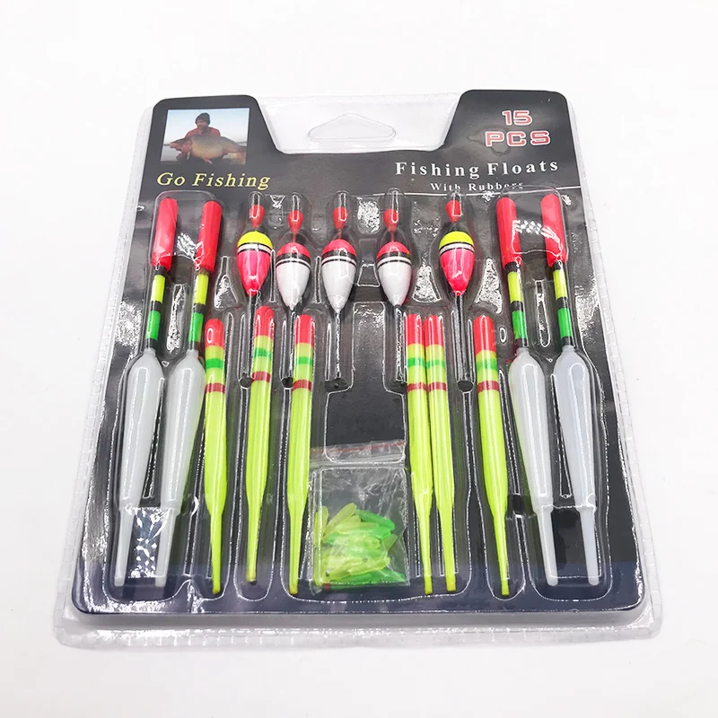 1 set (15 pezzi) galleggianti da pesca boa verticale mare con gomme dimensioni miste colore per attrezzi da pesca