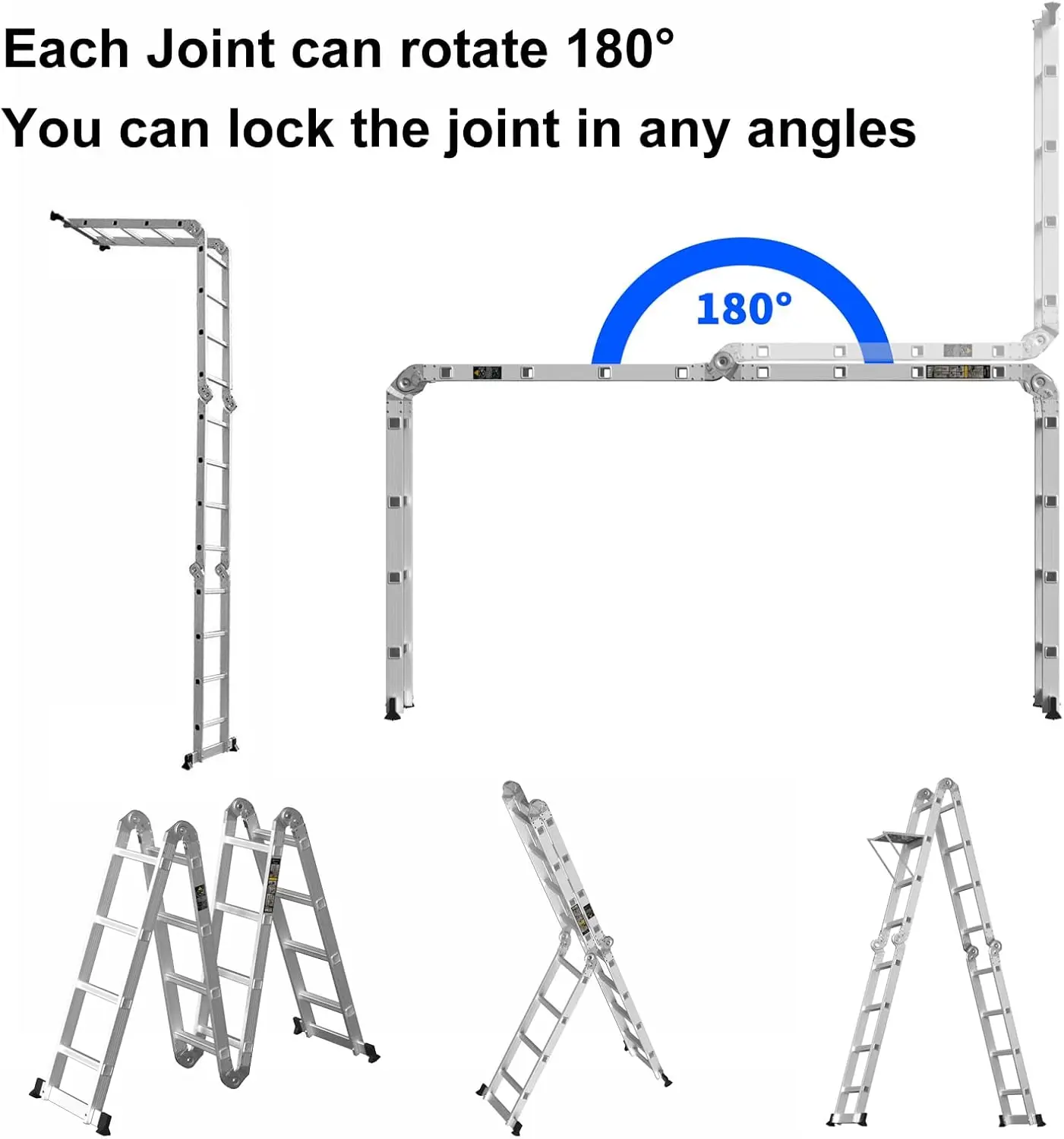 4.7M/15.4FT Multi-purpose Aluminium Folding Extendable Ladder+1xTool Tray,14-in-1 Telescopic Ladder 4x4 Rungs 150kg/330lb
