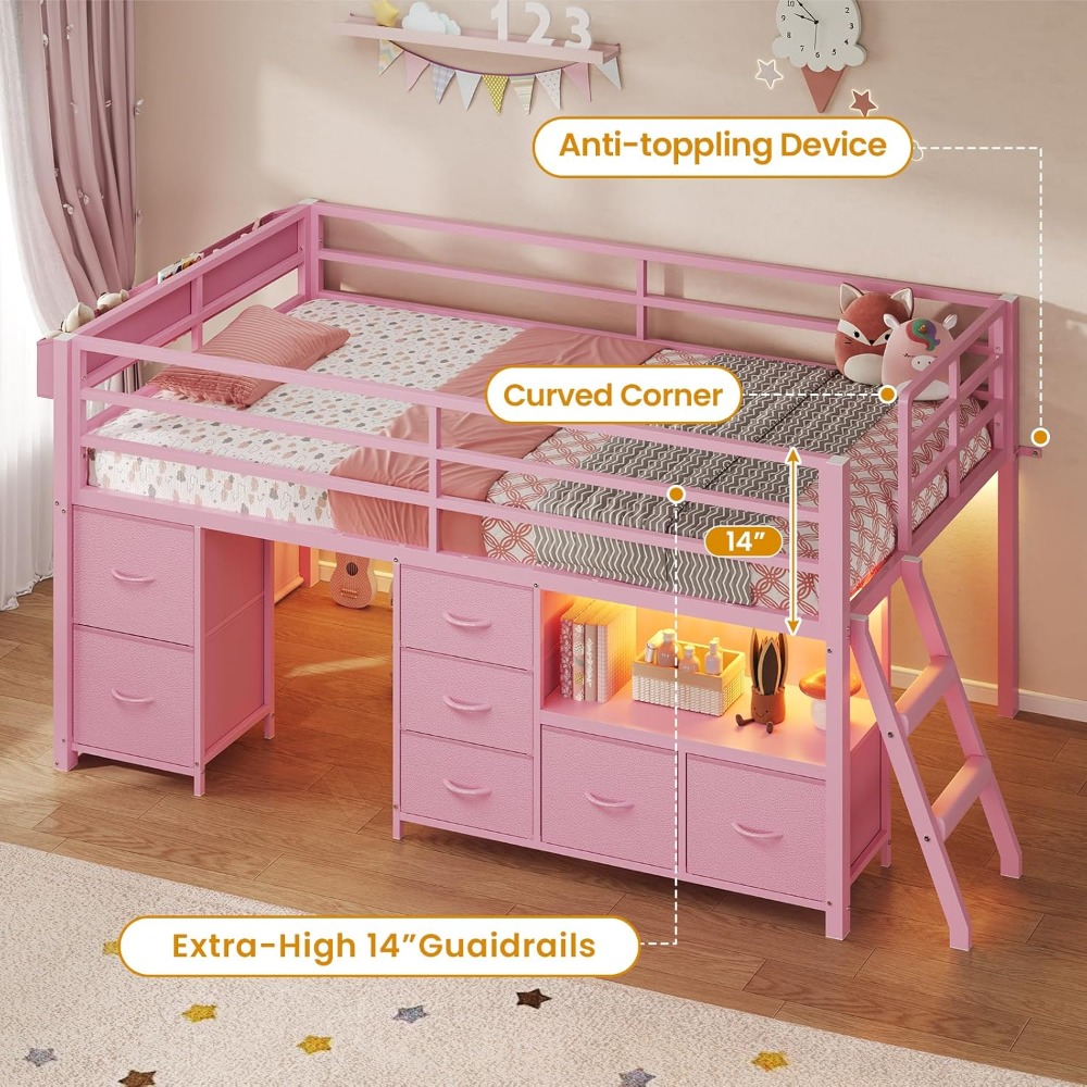 Low Loft Bed Twin Size with 7 Storage Drawers, Bookcase and LED Lights, Metal Kids Loft Bed with 14 H Safety Guardrail,