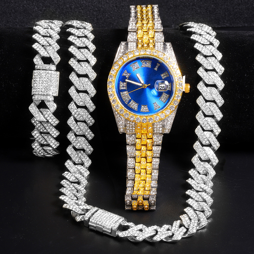 Relógio masculino banhado a ouro hip hop, movimento de quartzo com mostrador redondo de zircônia completa, design de luxo brilhante para estilo de festa