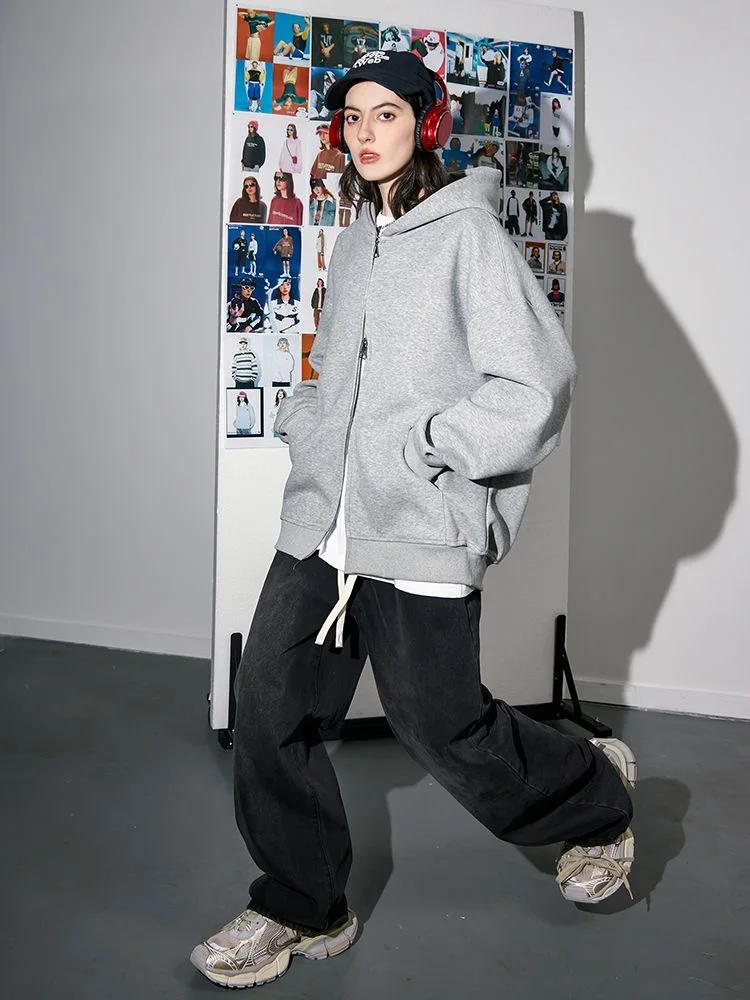 Chaqueta con capucha cálida a la moda para mujer, chaqueta gris de manga larga con bolsillo y doble cremallera, chaqueta informal para ir al trabajo para mujer