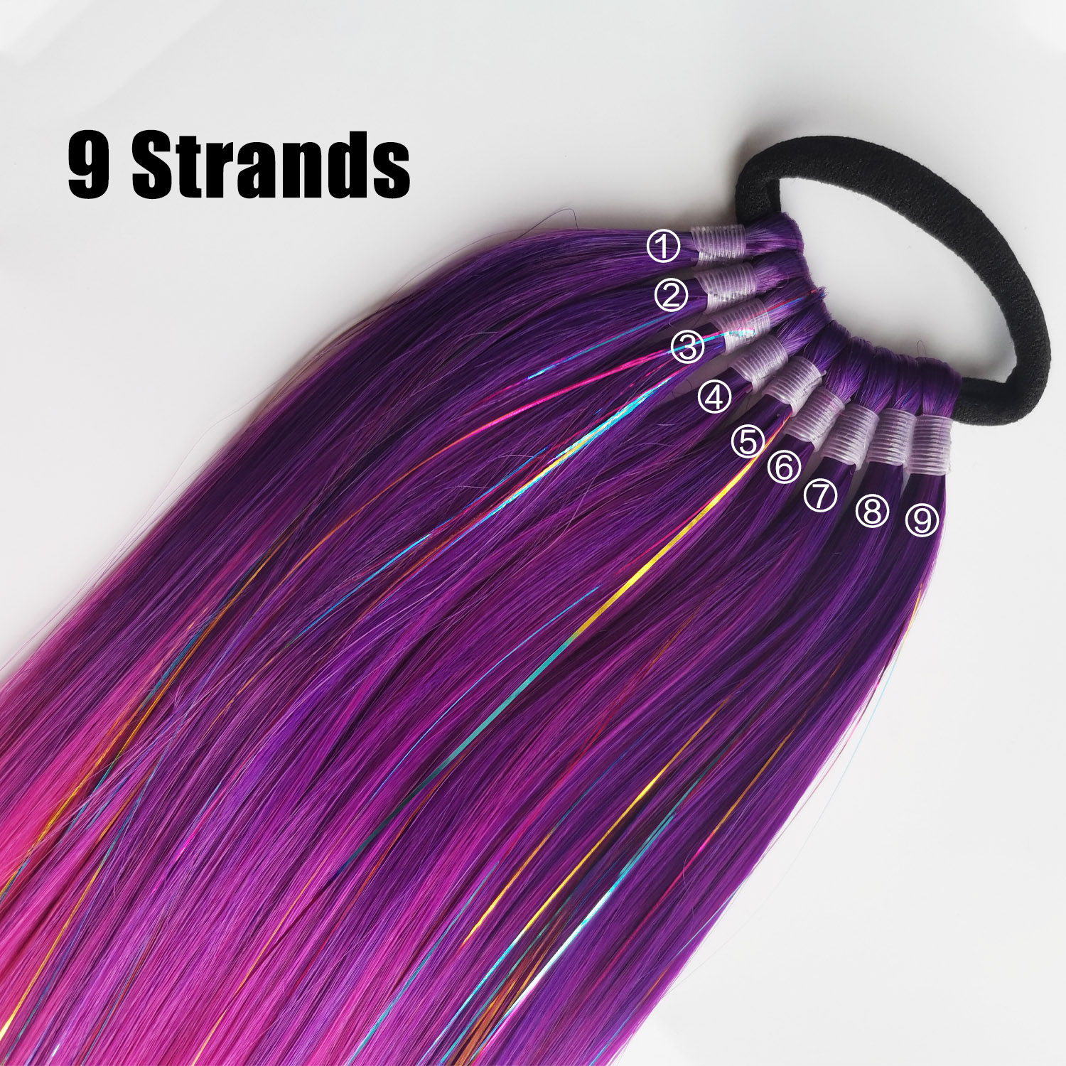 Extensión de cola de caballo de oropel púrpura, rojo y rosa con lazo elástico para el cabello, pelo trenzado sintético para niñas, pelo loco, pelo valiente para el día