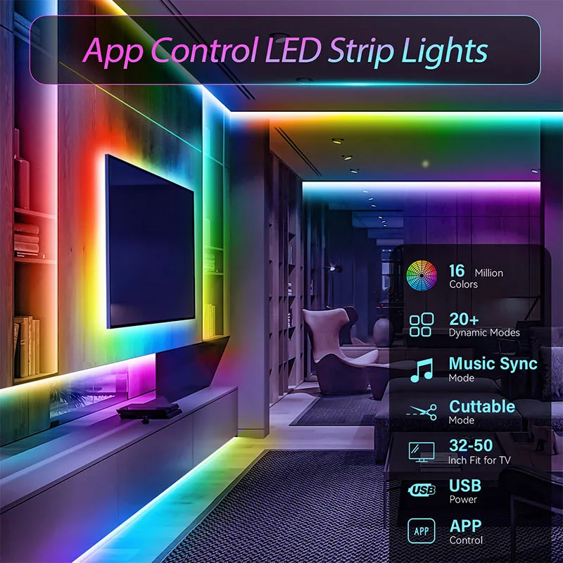 1-30M USB LED Strip Light RGB Nastro flessibile Nastro Sincronizzazione musicale APP Bluetooth Telecomando TV Retroilluminazione Sala giochi Decorazioni per feste