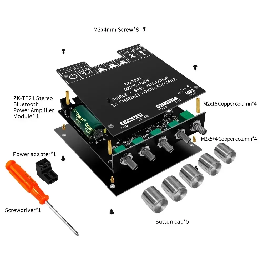 ZK-TB21 Bluetooth 5.0 ซับวูฟเฟอร์เครื่องขยายเสียง 50W * 2 + 100W 2.1 Channel Power Audio สเตอริโอเบส AMP ชิป TPA3116D2
