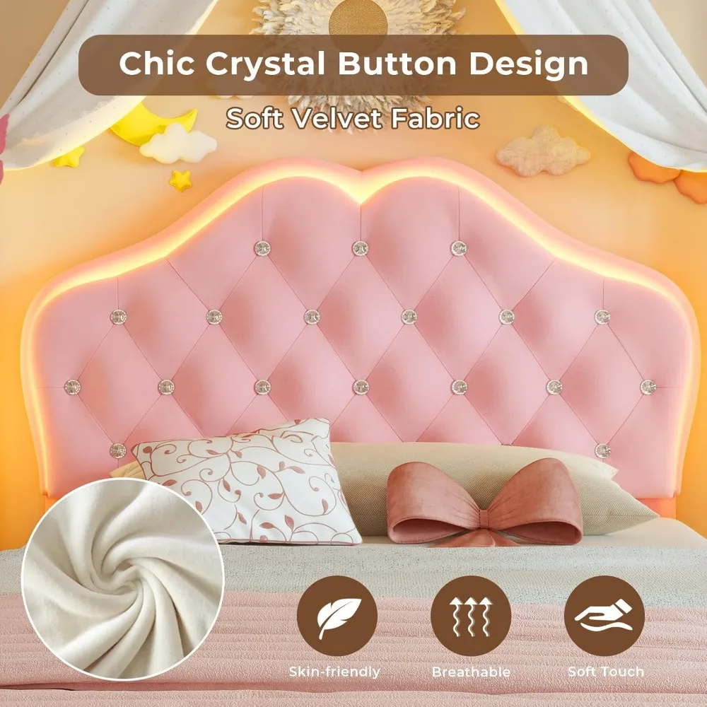 Twin Size Girl Bed with Storage Drawer & LED Lights, Upholstered Platform Bed, Adjustable Headboard with Velvet Crystal Button P