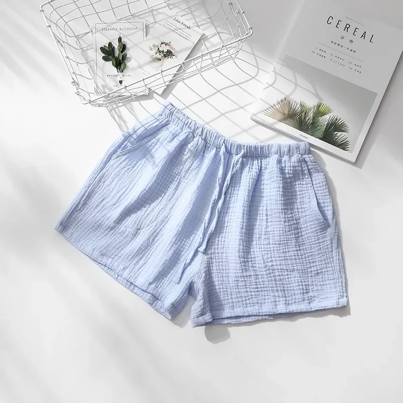 Sommer-Paar-Schlafhose, Baumwoll-Krepp-Nachtwäsche für Männer und Frauen, Pyjama-Shorts, elastische Taille, Schlafhose, Schlafshorts