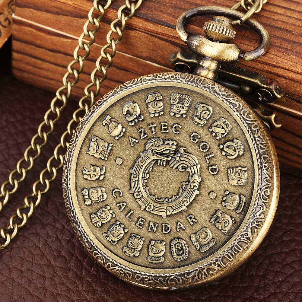 Bronze mexicano maya asteca calendário arte profecia cultura banhado a ouro moeda relógio de bolso de quartzo com colar de 80cm/corrente de cintura de 38cm