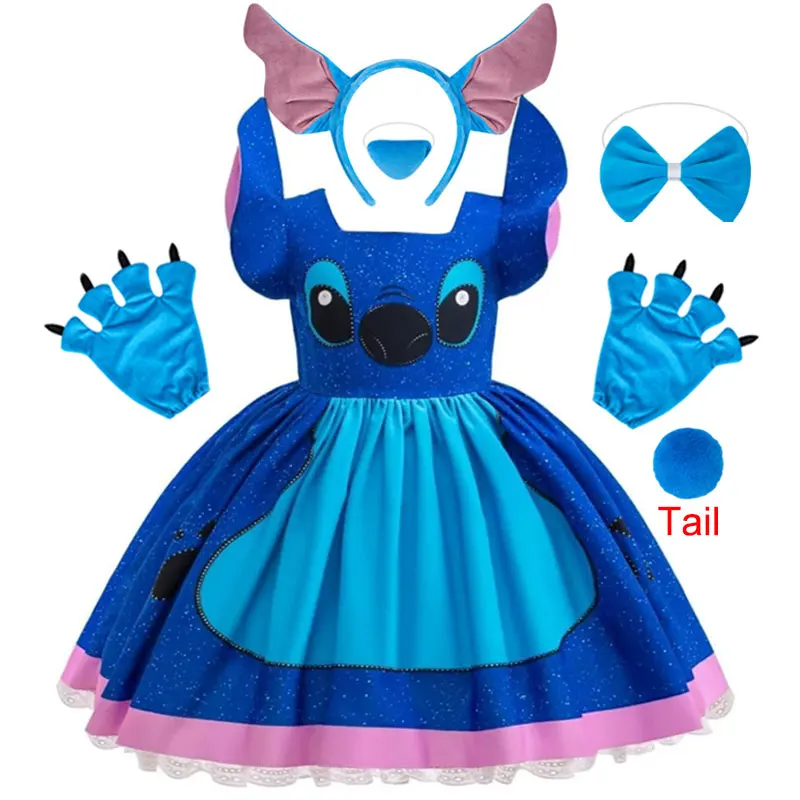 Disney Cartoon Movie Stitch Dress for Girls Role Playing Costume Stage Performance Halloween Carnival Children's Dress Up