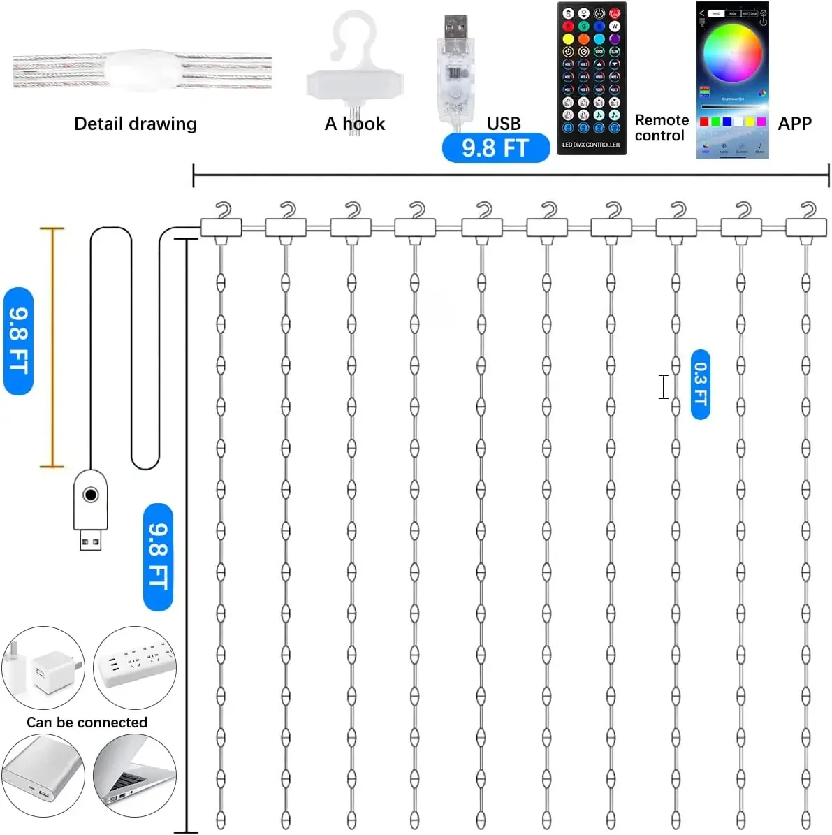 3M LED Smart Curtain Lights Bluetooth APP Control USB Colorful RGB Window Fairy Light For Bedroom Christmas Decor Wedding Party