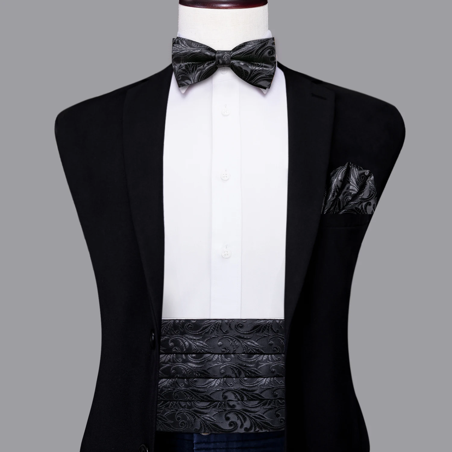 Black Silk Mens Cummerbunds Vintage Formal Jacquard Floral Bowtie Hanky Cufflinks Belt Corset For Male Wedding Prom Banquet Gift
