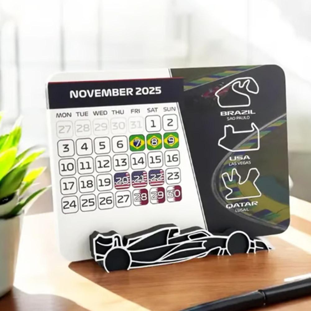 F1 2025 kalender, formule 1 racepalender 2025 desktopdecoratie, 2025 desktopkalender met F1 autostandaard