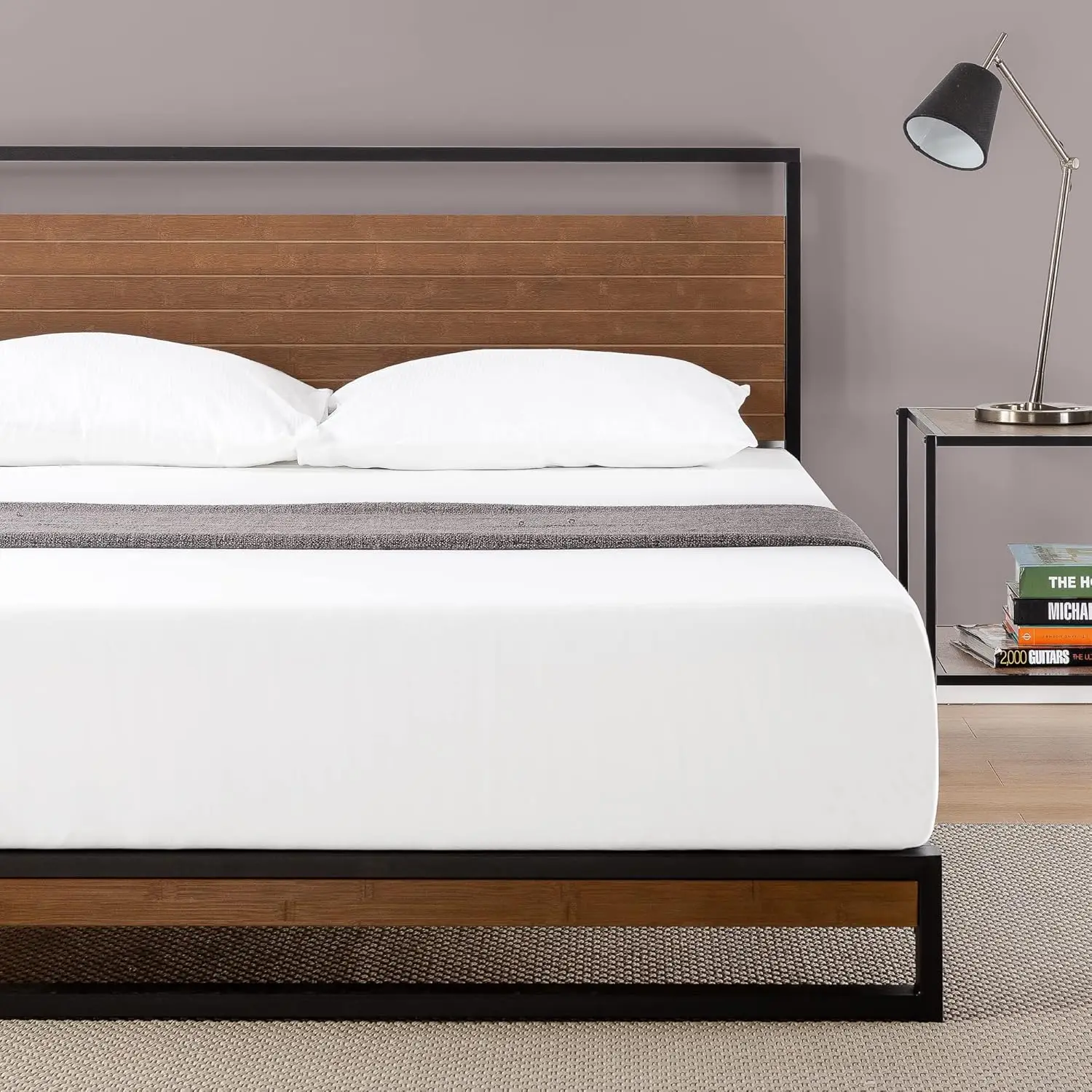 Suzanne King size Bed frame  Bed 150x200 cm  18 cm Height  Bamboo and Metal Platform Bed fram with wood slat support