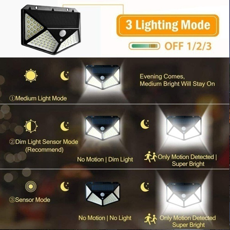 100 LED Solar Wall Lights Outdoor Lamp PIR Motion Sensor Powered Sunlight Street  for Garden
