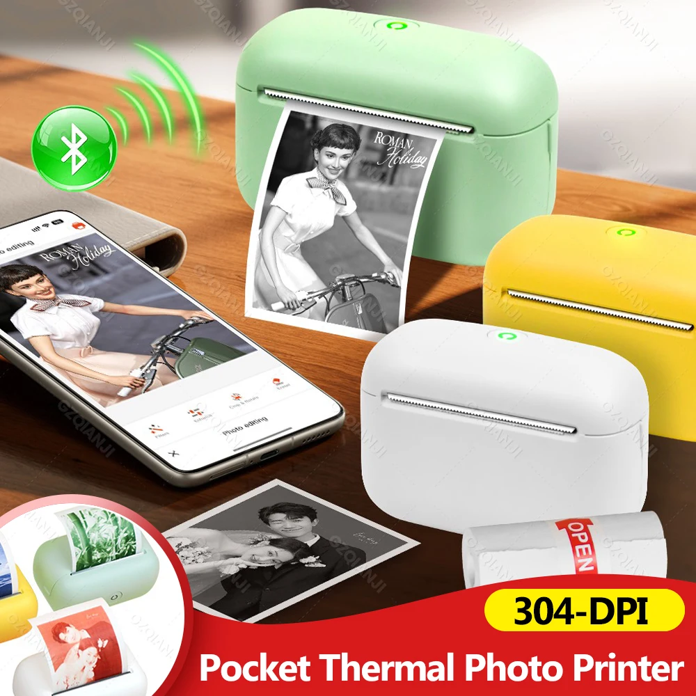 Imprimante thermique de poche 304DPI, Bluetooth, Photo Portable, sans fil, impression iOS Android ou autocollant en papier de couleur blanche 57mm