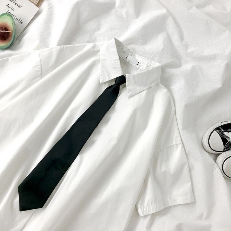 Weiße Hemden Frauen Mode Schwarze Krawatte Japan Stil Preppy Studenten JK Mädchen Bluse Einfache Feste Lose Sommer Button Up Tops Neue