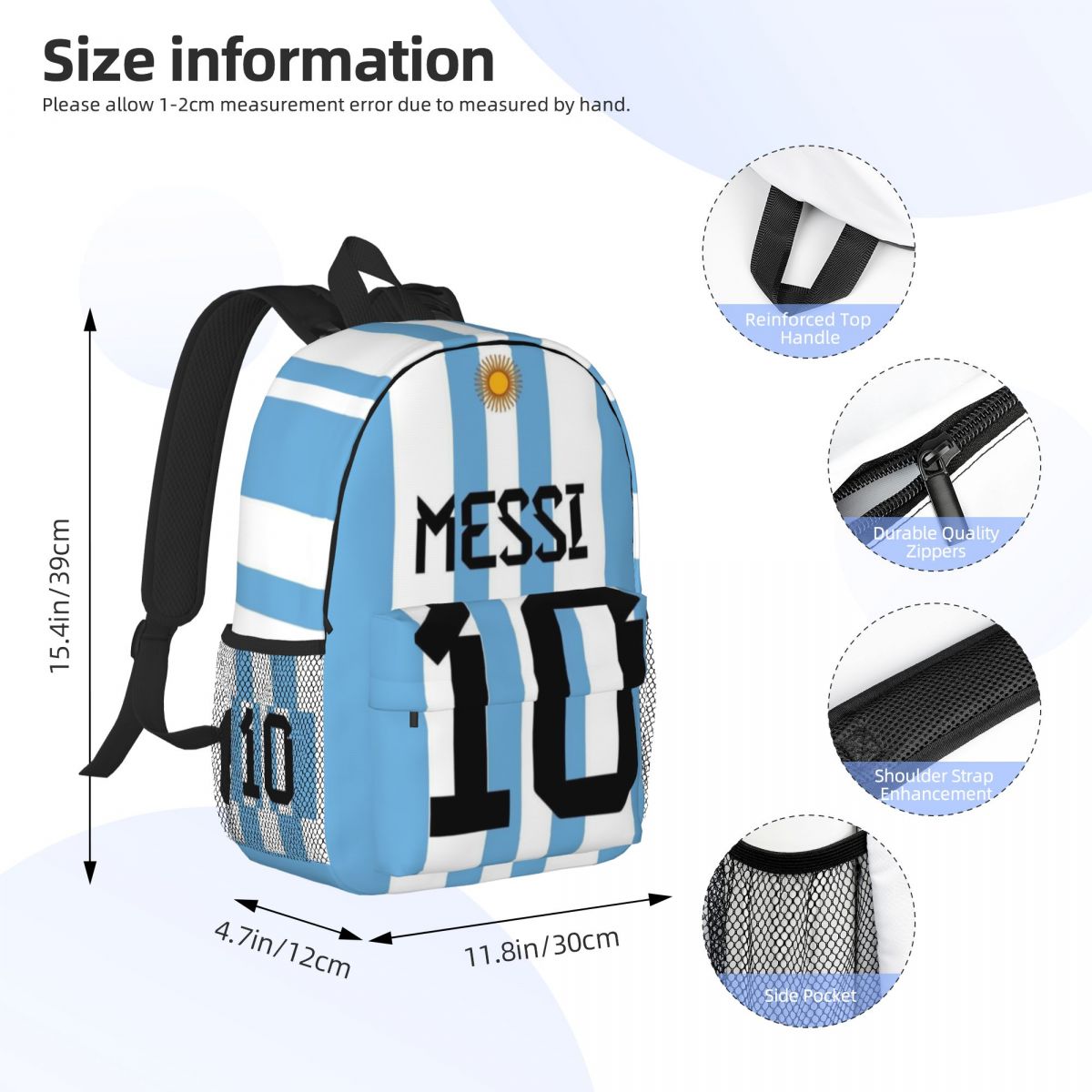 White-Blue Style Messi No.10 For Girls Boys Large Capacity Student Backpack Lightweight waterproof Backpack 15inch