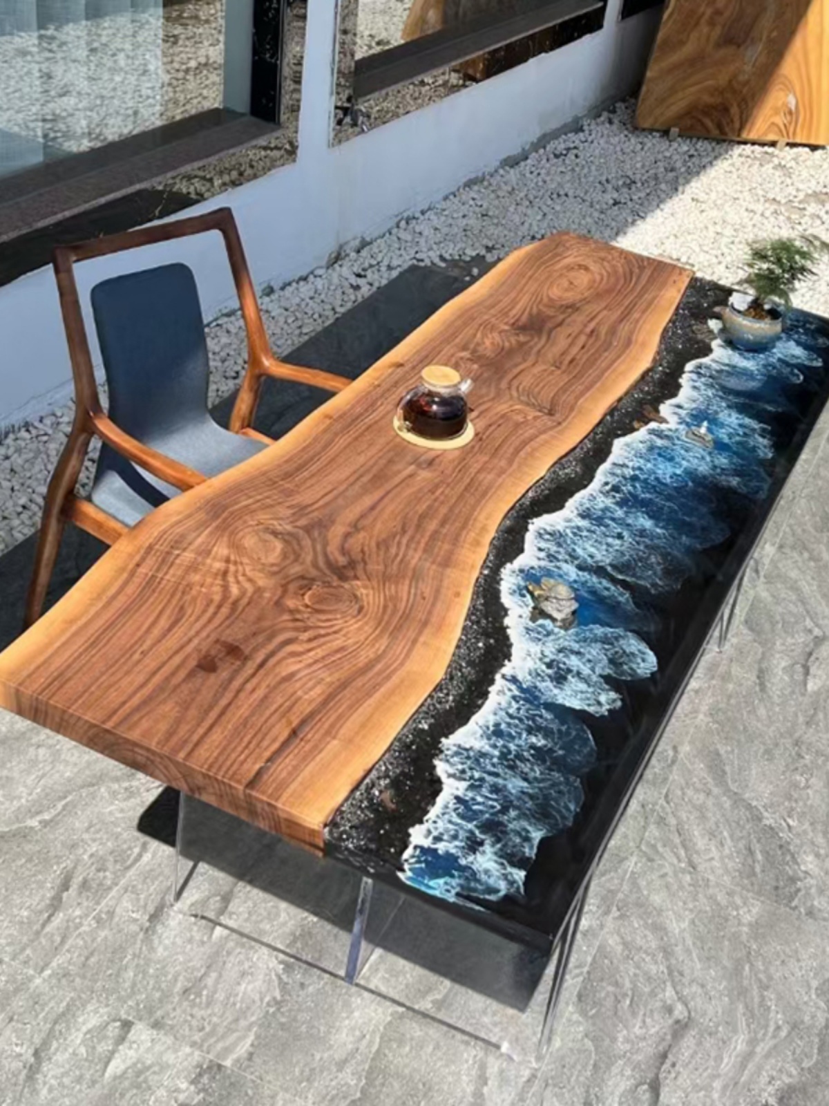 Epoxy resin river table tea large board table wave coffee solid wood dining log ocean panel