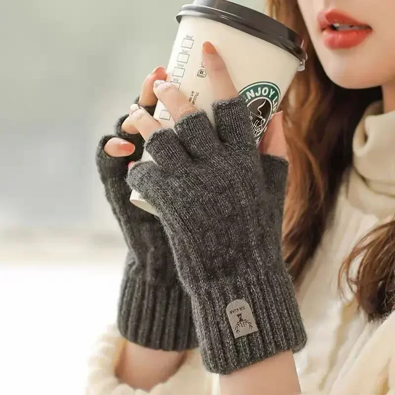 Knitted Thick Thermal Half Finger Gloves Women Men Winter Outdoor Warm Wool Driving Fingerless Glove Touchscreen Mittens