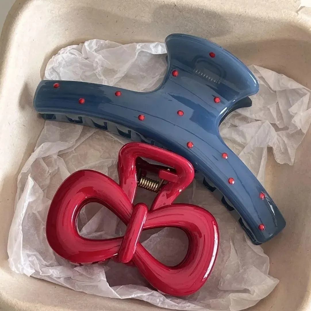 2 unids/set Vintage azul lunares lazo rojo Clip de pelo garra de tiburón pasador de horquilla accesorio para el cabello coreano para mujer