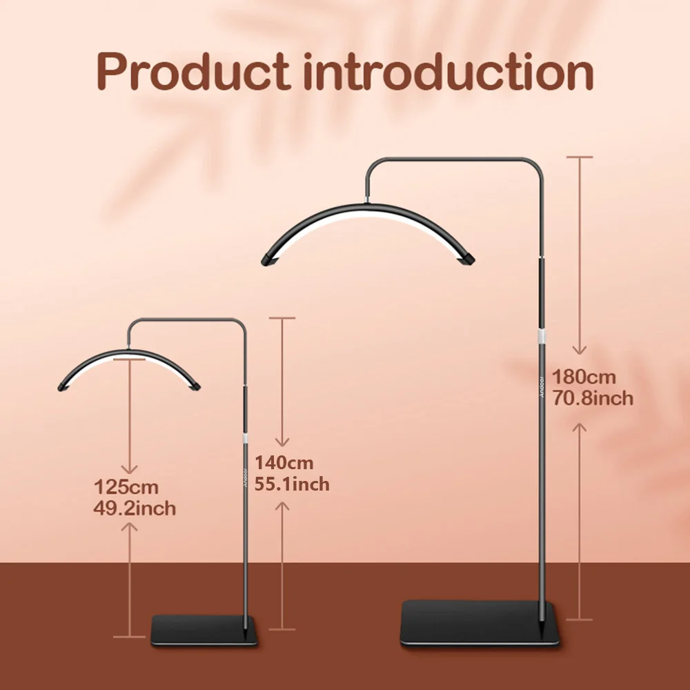 Andoer HD-M6X Luce video da pavimento a LED da 36 W Luce di riempimento a forma di mezzaluna 3200 K-5600 K dimmerabile con supporto luminoso in metallo da 180 cm/70,9 pollici