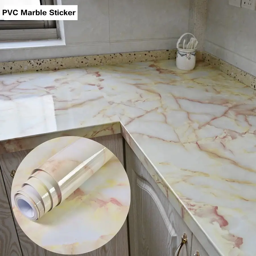 DIY กระดาษติดต่อสติกเกอร์ห้องครัวสีทึบ PVC Self-กาวตกแต่งบ้านหินอ่อนวอลล์เปเปอร์ห้องนั่งเล่น Study Furnitures
